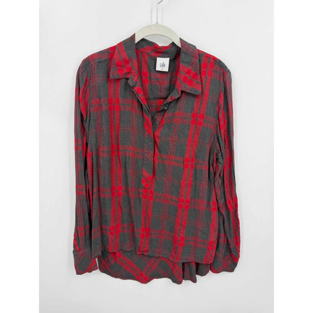 Cabi Cunningham 3587 Plaid Button Front sz‎ M Red Grey High Low Rayon Top